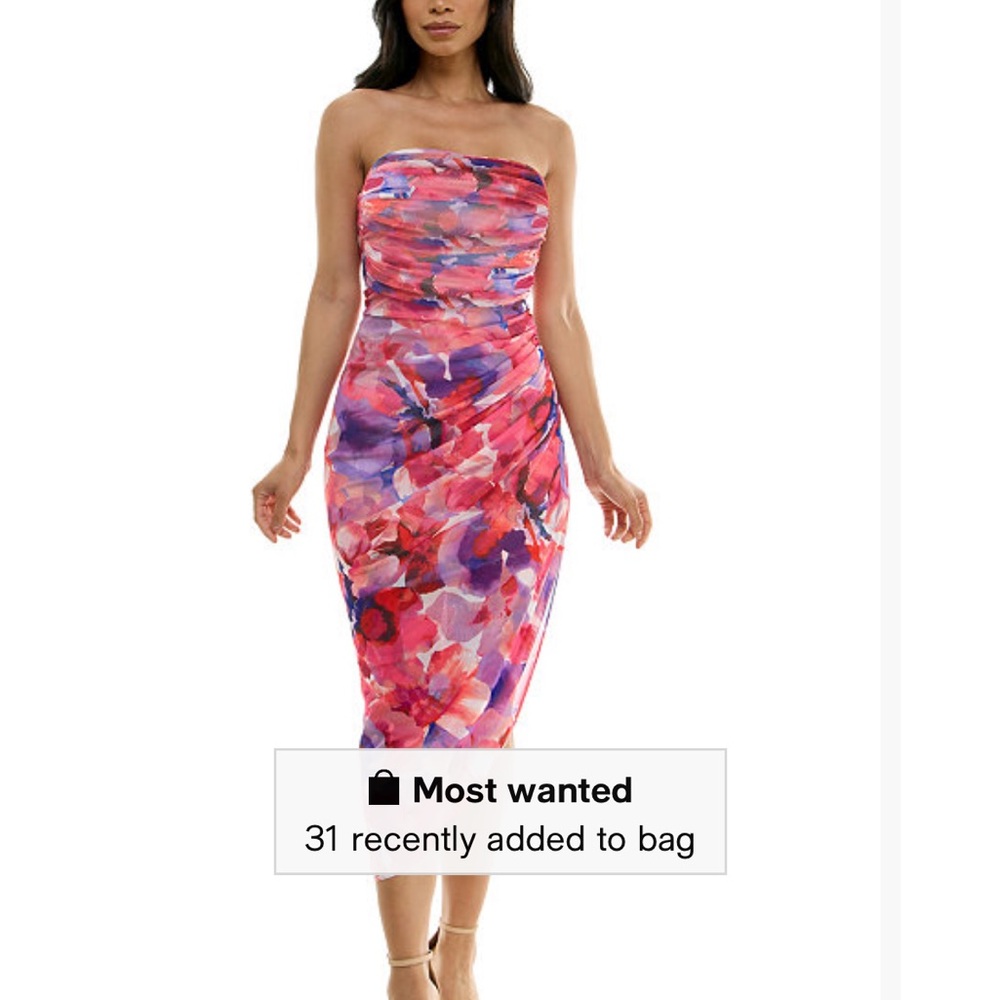 Macy's Pink and Purple Ruched Strapless Bodycon Dress